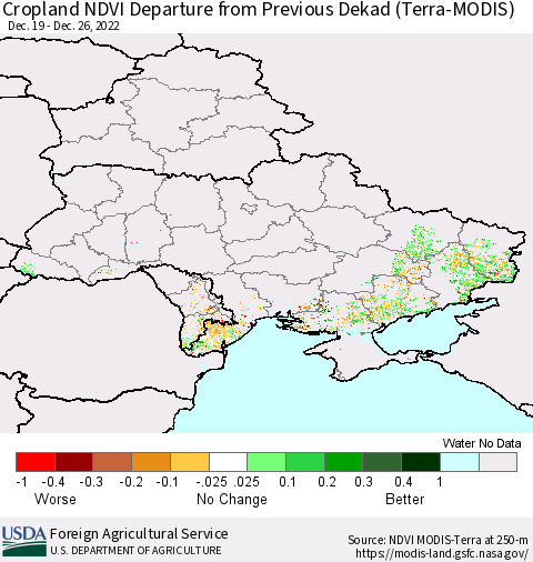 Ukraine, Moldova and Belarus Cropland NDVI Departure from Previous Dekad (Terra-MODIS) Thematic Map For 12/21/2022 - 12/31/2022