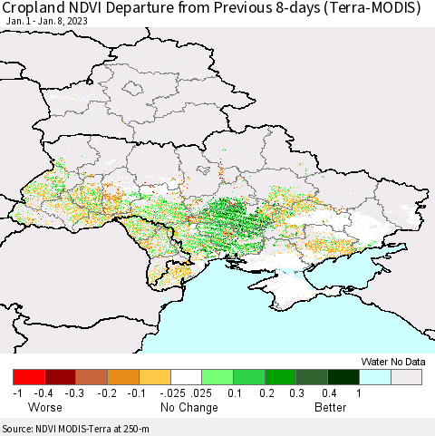 Ukraine, Moldova and Belarus Cropland NDVI Departure from Previous 8-days (Terra-MODIS) Thematic Map For 1/1/2023 - 1/8/2023