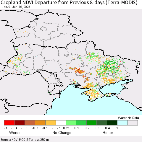 Ukraine, Moldova and Belarus Cropland NDVI Departure from Previous 8-days (Terra-MODIS) Thematic Map For 1/9/2023 - 1/16/2023
