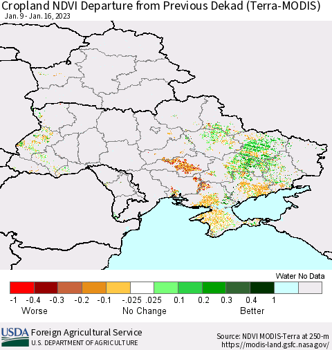 Ukraine, Moldova and Belarus Cropland NDVI Departure from Previous Dekad (Terra-MODIS) Thematic Map For 1/11/2023 - 1/20/2023
