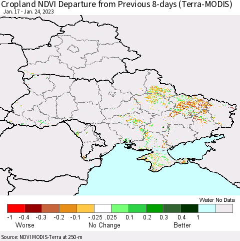 Ukraine, Moldova and Belarus Cropland NDVI Departure from Previous 8-days (Terra-MODIS) Thematic Map For 1/17/2023 - 1/24/2023