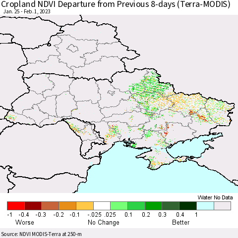 Ukraine, Moldova and Belarus Cropland NDVI Departure from Previous 8-days (Terra-MODIS) Thematic Map For 1/25/2023 - 2/1/2023