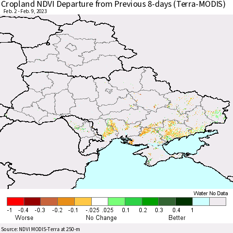 Ukraine, Moldova and Belarus Cropland NDVI Departure from Previous 8-days (Terra-MODIS) Thematic Map For 2/2/2023 - 2/9/2023