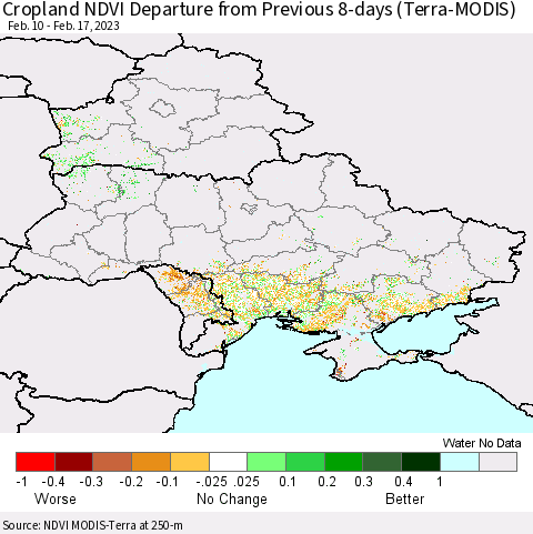 Ukraine, Moldova and Belarus Cropland NDVI Departure from Previous 8-days (Terra-MODIS) Thematic Map For 2/10/2023 - 2/17/2023