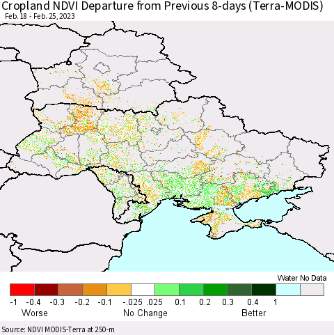 Ukraine, Moldova and Belarus Cropland NDVI Departure from Previous 8-days (Terra-MODIS) Thematic Map For 2/18/2023 - 2/25/2023
