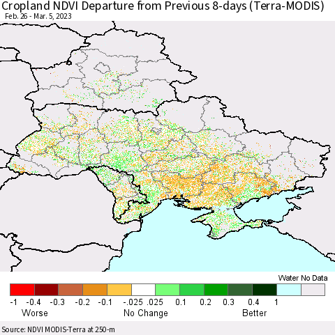 Ukraine, Moldova and Belarus Cropland NDVI Departure from Previous 8-days (Terra-MODIS) Thematic Map For 2/26/2023 - 3/5/2023