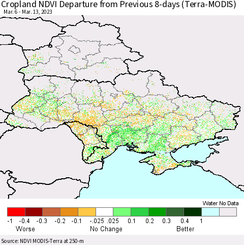 Ukraine, Moldova and Belarus Cropland NDVI Departure from Previous 8-days (Terra-MODIS) Thematic Map For 3/6/2023 - 3/13/2023