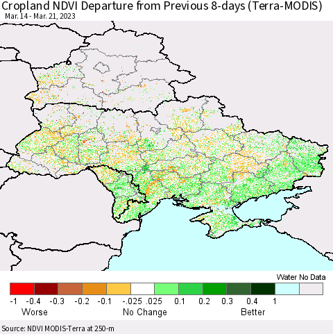 Ukraine, Moldova and Belarus Cropland NDVI Departure from Previous 8-days (Terra-MODIS) Thematic Map For 3/14/2023 - 3/21/2023
