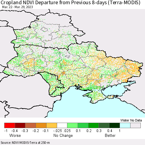 Ukraine, Moldova and Belarus Cropland NDVI Departure from Previous 8-days (Terra-MODIS) Thematic Map For 3/22/2023 - 3/29/2023