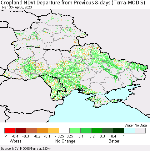 Ukraine, Moldova and Belarus Cropland NDVI Departure from Previous 8-days (Terra-MODIS) Thematic Map For 3/30/2023 - 4/6/2023
