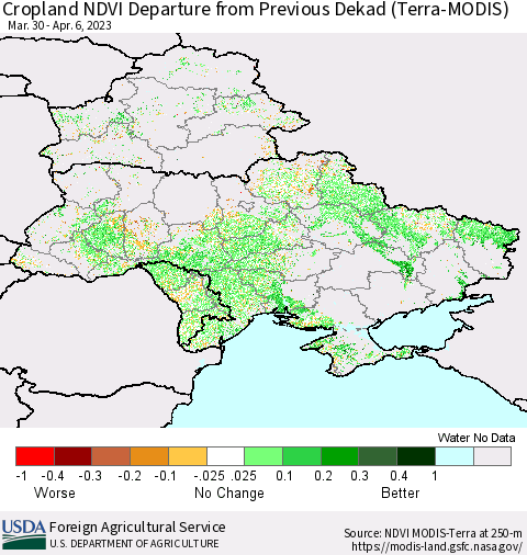 Ukraine, Moldova and Belarus Cropland NDVI Departure from Previous Dekad (Terra-MODIS) Thematic Map For 4/1/2023 - 4/10/2023