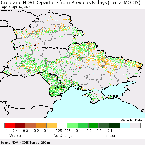 Ukraine, Moldova and Belarus Cropland NDVI Departure from Previous 8-days (Terra-MODIS) Thematic Map For 4/7/2023 - 4/14/2023