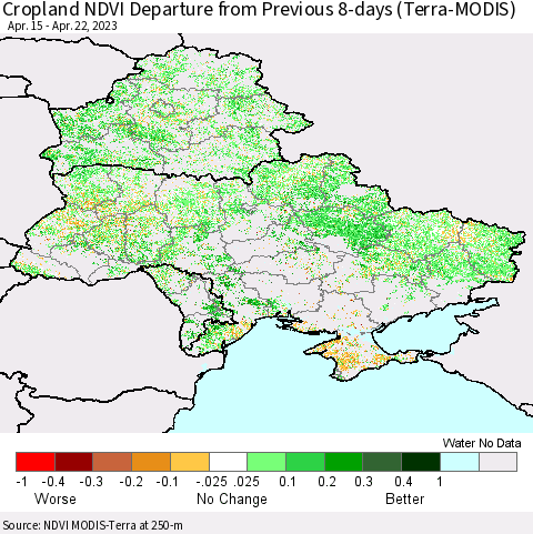 Ukraine, Moldova and Belarus Cropland NDVI Departure from Previous 8-days (Terra-MODIS) Thematic Map For 4/15/2023 - 4/22/2023