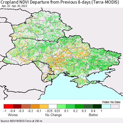 Ukraine, Moldova and Belarus Cropland NDVI Departure from Previous 8-days (Terra-MODIS) Thematic Map For 4/23/2023 - 4/30/2023