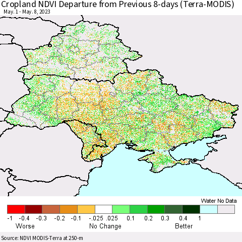 Ukraine, Moldova and Belarus Cropland NDVI Departure from Previous 8-days (Terra-MODIS) Thematic Map For 5/1/2023 - 5/8/2023