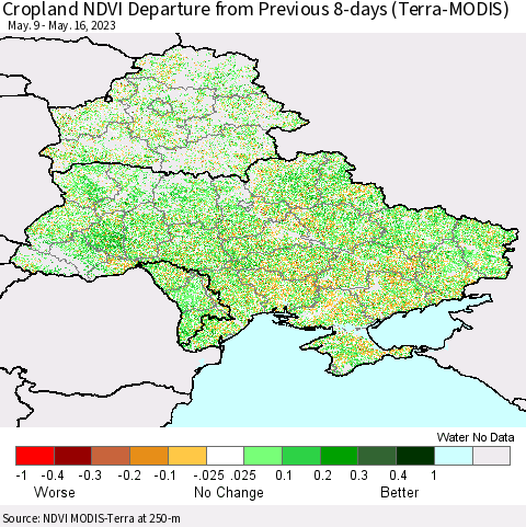 Ukraine, Moldova and Belarus Cropland NDVI Departure from Previous 8-days (Terra-MODIS) Thematic Map For 5/9/2023 - 5/16/2023
