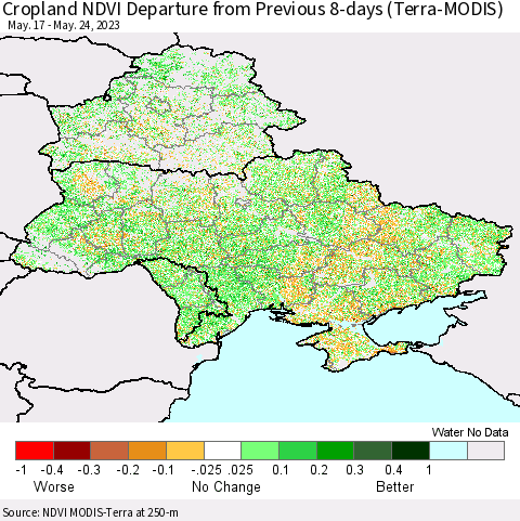 Ukraine, Moldova and Belarus Cropland NDVI Departure from Previous 8-days (Terra-MODIS) Thematic Map For 5/17/2023 - 5/24/2023