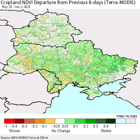Ukraine, Moldova and Belarus Cropland NDVI Departure from Previous 8-days (Terra-MODIS) Thematic Map For 5/25/2023 - 6/1/2023