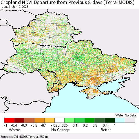 Ukraine, Moldova and Belarus Cropland NDVI Departure from Previous 8-days (Terra-MODIS) Thematic Map For 6/2/2023 - 6/9/2023