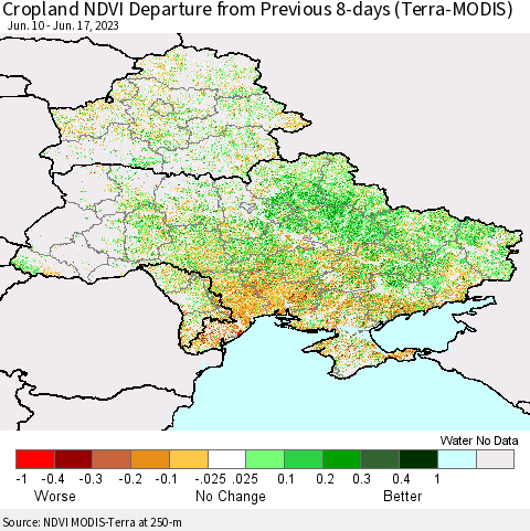 Ukraine, Moldova and Belarus Cropland NDVI Departure from Previous 8-days (Terra-MODIS) Thematic Map For 6/10/2023 - 6/17/2023