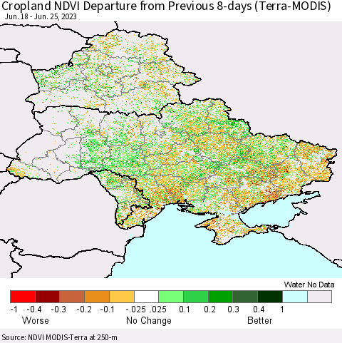 Ukraine, Moldova and Belarus Cropland NDVI Departure from Previous 8-days (Terra-MODIS) Thematic Map For 6/18/2023 - 6/25/2023