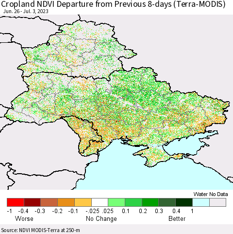 Ukraine, Moldova and Belarus Cropland NDVI Departure from Previous 8-days (Terra-MODIS) Thematic Map For 6/26/2023 - 7/3/2023