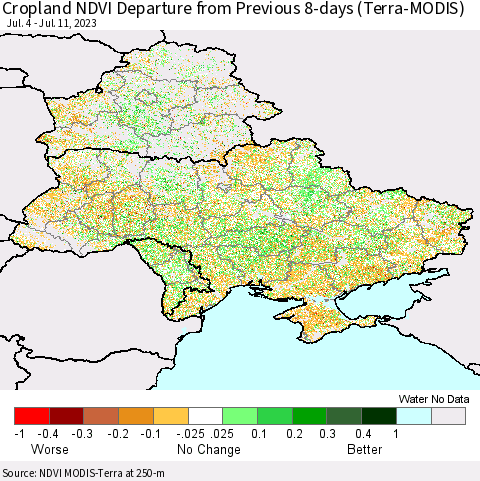Ukraine, Moldova and Belarus Cropland NDVI Departure from Previous 8-days (Terra-MODIS) Thematic Map For 7/4/2023 - 7/11/2023