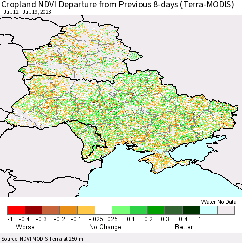 Ukraine, Moldova and Belarus Cropland NDVI Departure from Previous 8-days (Terra-MODIS) Thematic Map For 7/12/2023 - 7/19/2023