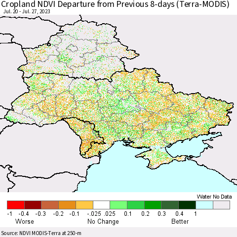 Ukraine, Moldova and Belarus Cropland NDVI Departure from Previous 8-days (Terra-MODIS) Thematic Map For 7/20/2023 - 7/27/2023