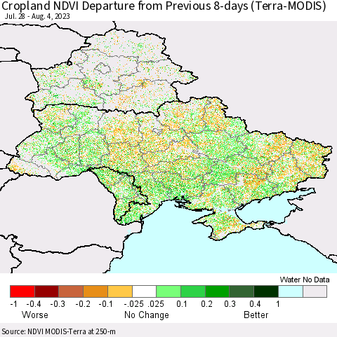 Ukraine, Moldova and Belarus Cropland NDVI Departure from Previous 8-days (Terra-MODIS) Thematic Map For 7/28/2023 - 8/4/2023