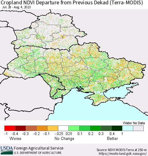 Ukraine, Moldova and Belarus Cropland NDVI Departure from Previous Dekad (Terra-MODIS) Thematic Map For 8/1/2023 - 8/10/2023