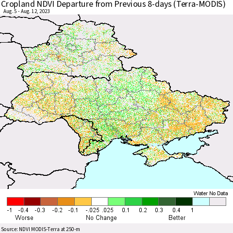 Ukraine, Moldova and Belarus Cropland NDVI Departure from Previous 8-days (Terra-MODIS) Thematic Map For 8/5/2023 - 8/12/2023