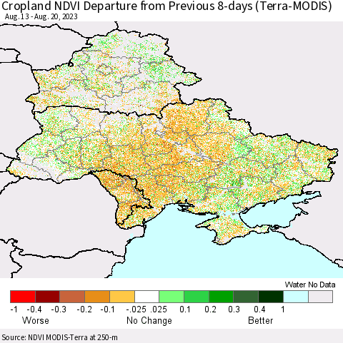 Ukraine, Moldova and Belarus Cropland NDVI Departure from Previous 8-days (Terra-MODIS) Thematic Map For 8/13/2023 - 8/20/2023