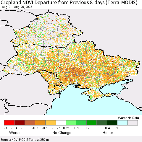 Ukraine, Moldova and Belarus Cropland NDVI Departure from Previous 8-days (Terra-MODIS) Thematic Map For 8/21/2023 - 8/28/2023