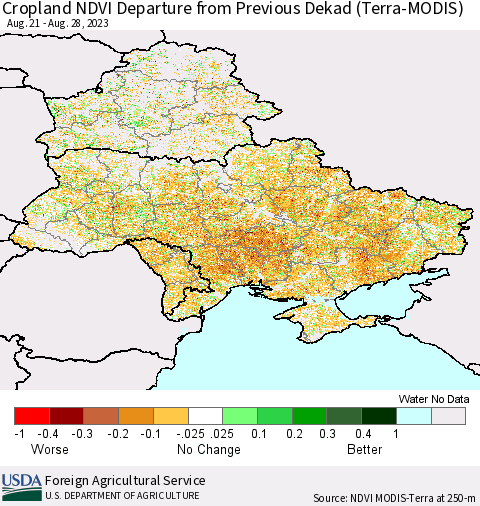 Ukraine, Moldova and Belarus Cropland NDVI Departure from Previous Dekad (Terra-MODIS) Thematic Map For 8/21/2023 - 8/31/2023