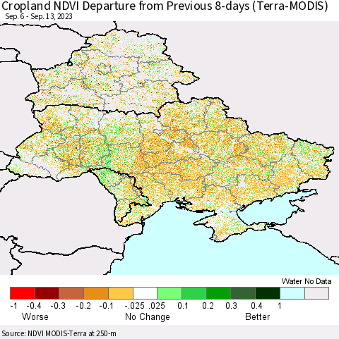 Ukraine, Moldova and Belarus Cropland NDVI Departure from Previous 8-days (Terra-MODIS) Thematic Map For 9/6/2023 - 9/13/2023