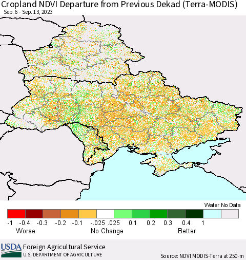 Ukraine, Moldova and Belarus Cropland NDVI Departure from Previous Dekad (Terra-MODIS) Thematic Map For 9/11/2023 - 9/20/2023