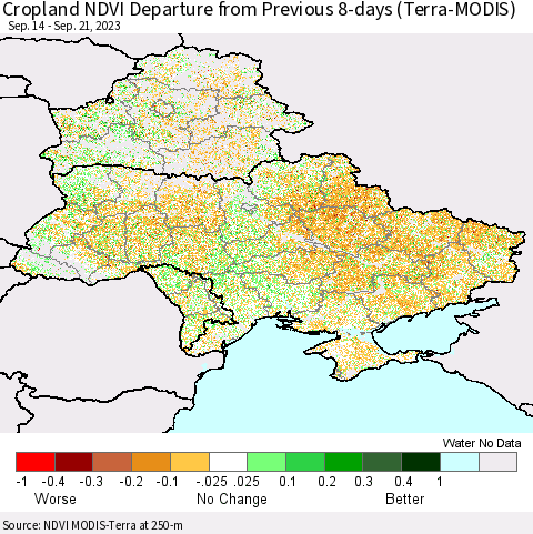Ukraine, Moldova and Belarus Cropland NDVI Departure from Previous 8-days (Terra-MODIS) Thematic Map For 9/14/2023 - 9/21/2023