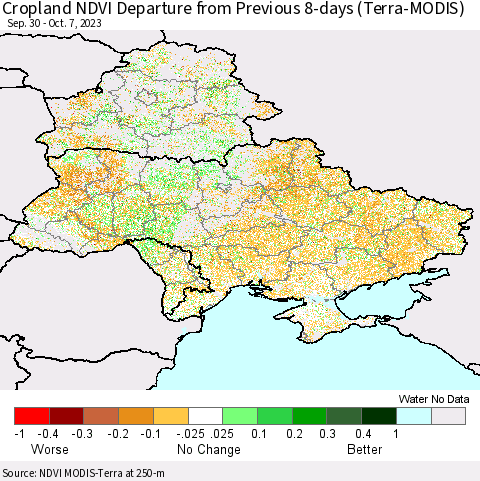 Ukraine, Moldova and Belarus Cropland NDVI Departure from Previous 8-days (Terra-MODIS) Thematic Map For 9/30/2023 - 10/7/2023