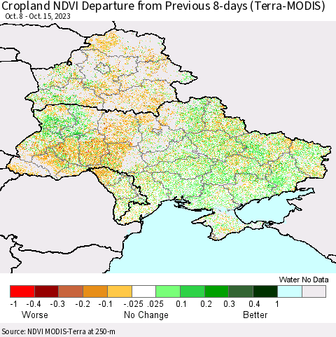 Ukraine, Moldova and Belarus Cropland NDVI Departure from Previous 8-days (Terra-MODIS) Thematic Map For 10/8/2023 - 10/15/2023