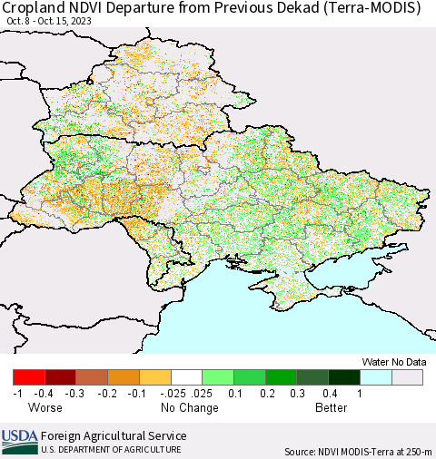 Ukraine, Moldova and Belarus Cropland NDVI Departure from Previous Dekad (Terra-MODIS) Thematic Map For 10/11/2023 - 10/20/2023