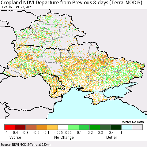 Ukraine, Moldova and Belarus Cropland NDVI Departure from Previous 8-days (Terra-MODIS) Thematic Map For 10/16/2023 - 10/23/2023