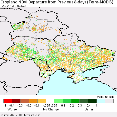 Ukraine, Moldova and Belarus Cropland NDVI Departure from Previous Dekad (Terra-MODIS) Thematic Map For 10/21/2023 - 10/31/2023