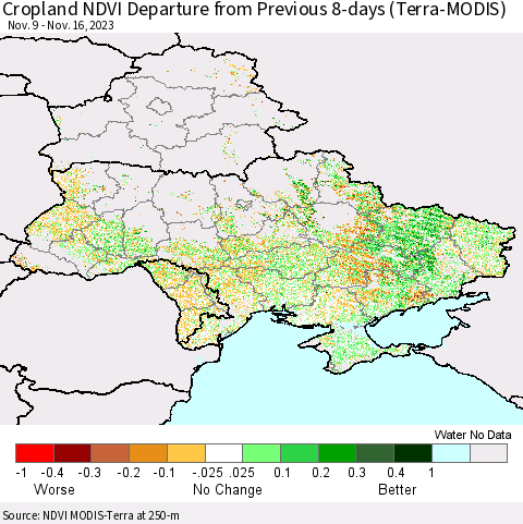 Ukraine, Moldova and Belarus Cropland NDVI Departure from Previous 8-days (Terra-MODIS) Thematic Map For 11/9/2023 - 11/16/2023