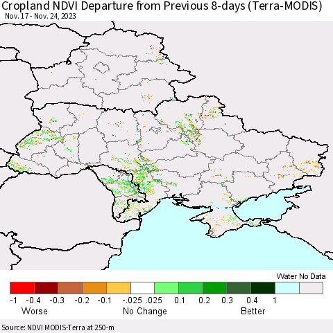 Ukraine, Moldova and Belarus Cropland NDVI Departure from Previous 8-days (Terra-MODIS) Thematic Map For 11/17/2023 - 11/24/2023