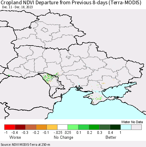 Ukraine, Moldova and Belarus Cropland NDVI Departure from Previous 8-days (Terra-MODIS) Thematic Map For 12/11/2023 - 12/18/2023