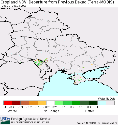 Ukraine, Moldova and Belarus Cropland NDVI Departure from Previous Dekad (Terra-MODIS) Thematic Map For 12/11/2023 - 12/20/2023