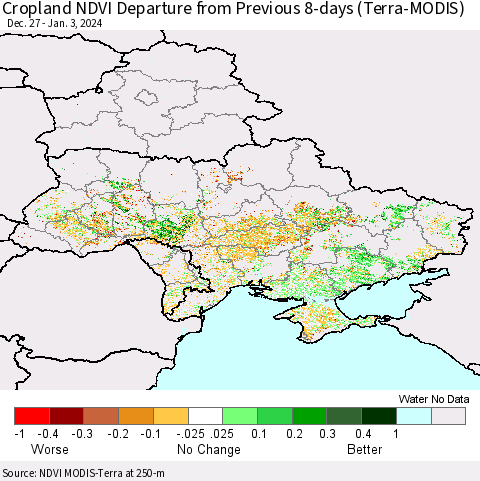 Ukraine, Moldova and Belarus Cropland NDVI Departure from Previous 8-days (Terra-MODIS) Thematic Map For 12/27/2023 - 1/3/2024