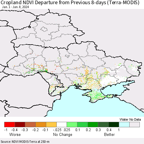 Ukraine, Moldova and Belarus Cropland NDVI Departure from Previous 8-days (Terra-MODIS) Thematic Map For 1/1/2024 - 1/8/2024
