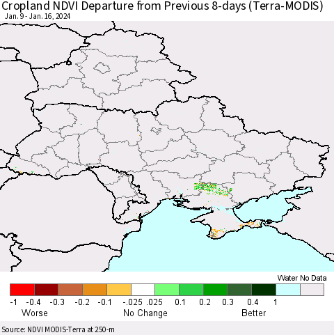 Ukraine, Moldova and Belarus Cropland NDVI Departure from Previous 8-days (Terra-MODIS) Thematic Map For 1/9/2024 - 1/16/2024
